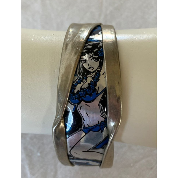 Cuff Bracelet Sexy Woman in Bikini Inlaid Graphic Silver Tone - Picture 1 of 8